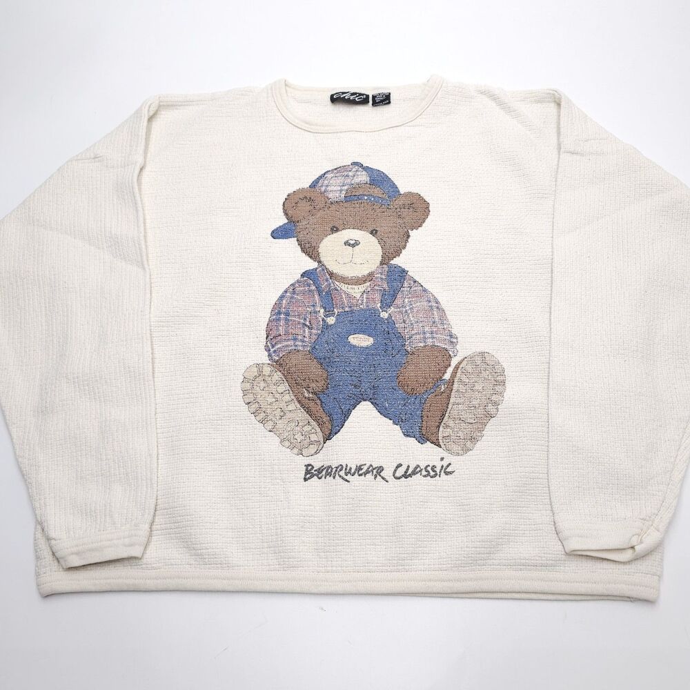 Vintage 80s Chic Sweater Womens L/XL Large Teddy Bear White 90s Crewneck